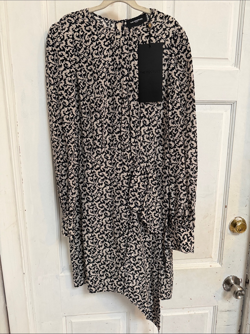 NWT The Kooples Black and Cream Asymmetrical Silk Printed Dress- size 1/Small